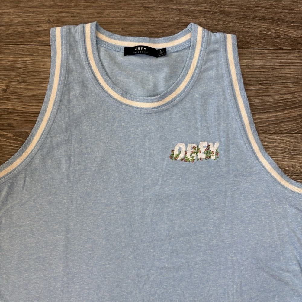 Obey Men's Women's Unisex Tank Top Blue Flowers L Sleeveless Summer Casual Top - Picture 2 of 10